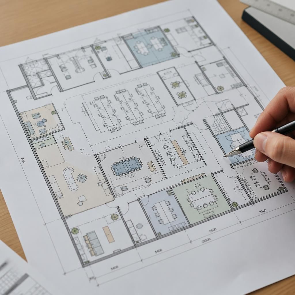 Office floor plan showing desks, meeting areas and circulation routes
