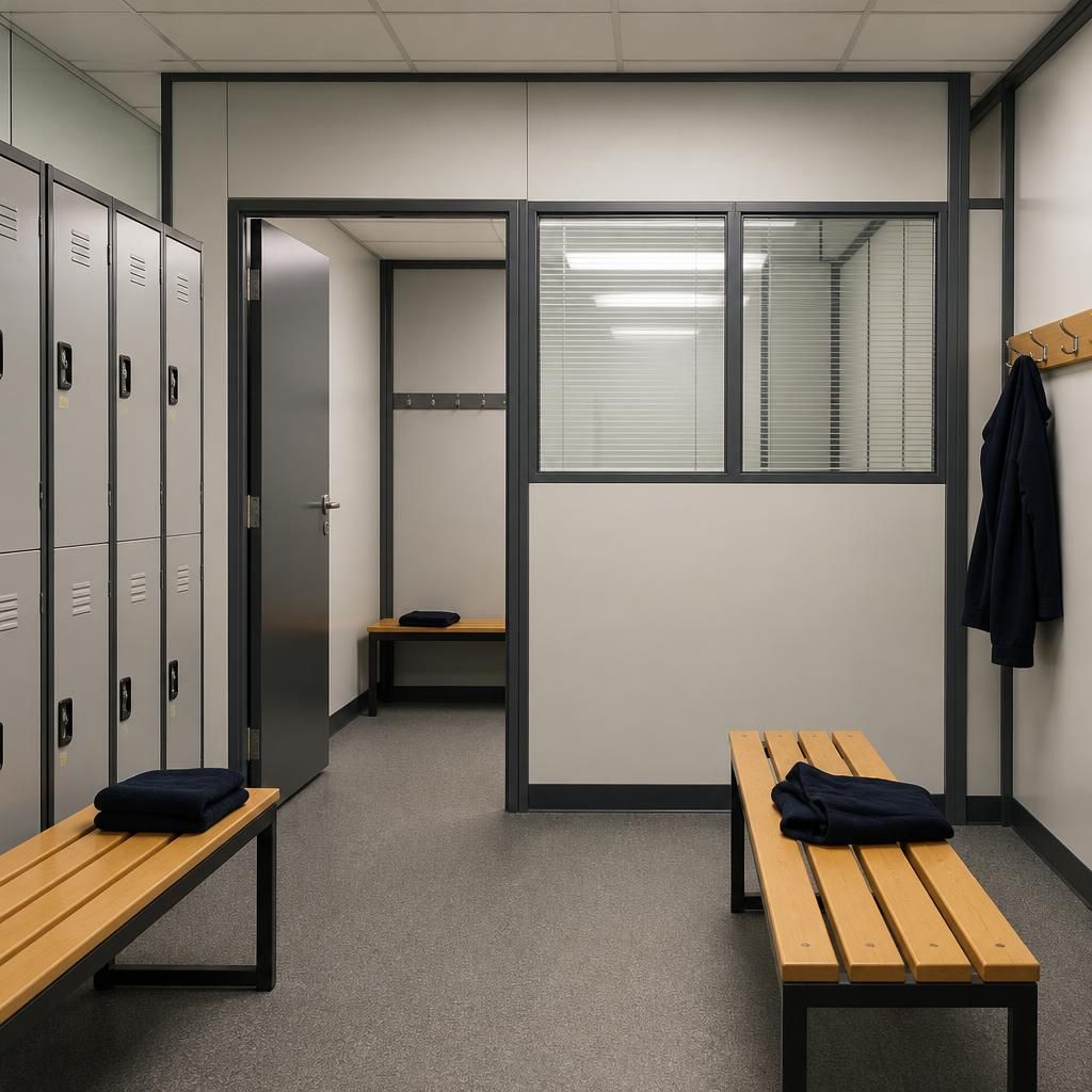 Demountable partition walls forming a workplace changing area with lockers and benches