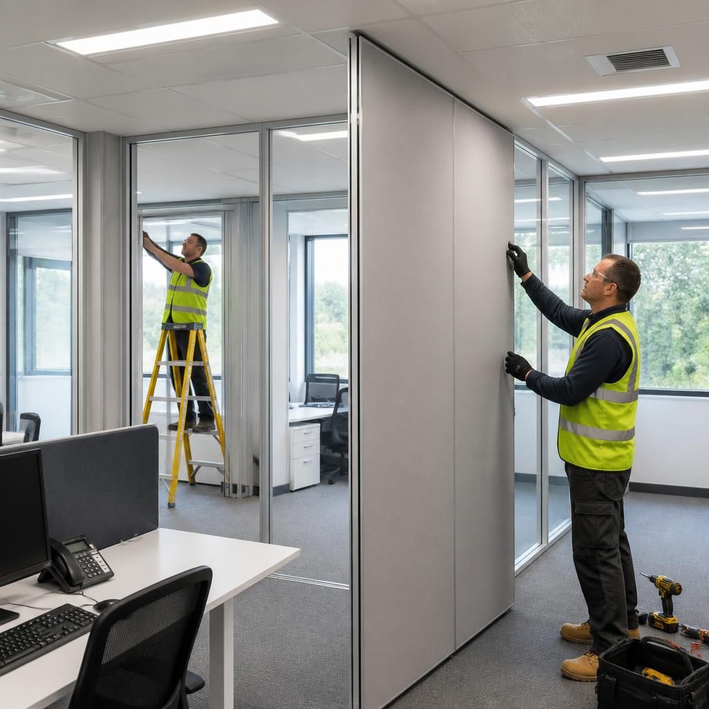 Office partition panels being installed beside desks in a workplace