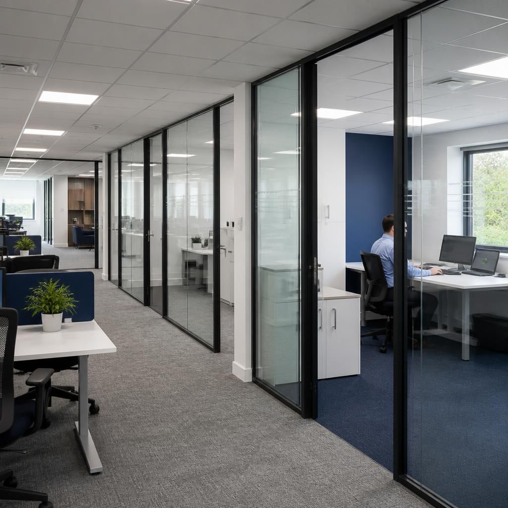 Office interior with partitioned rooms, desks and glazed dividing panels