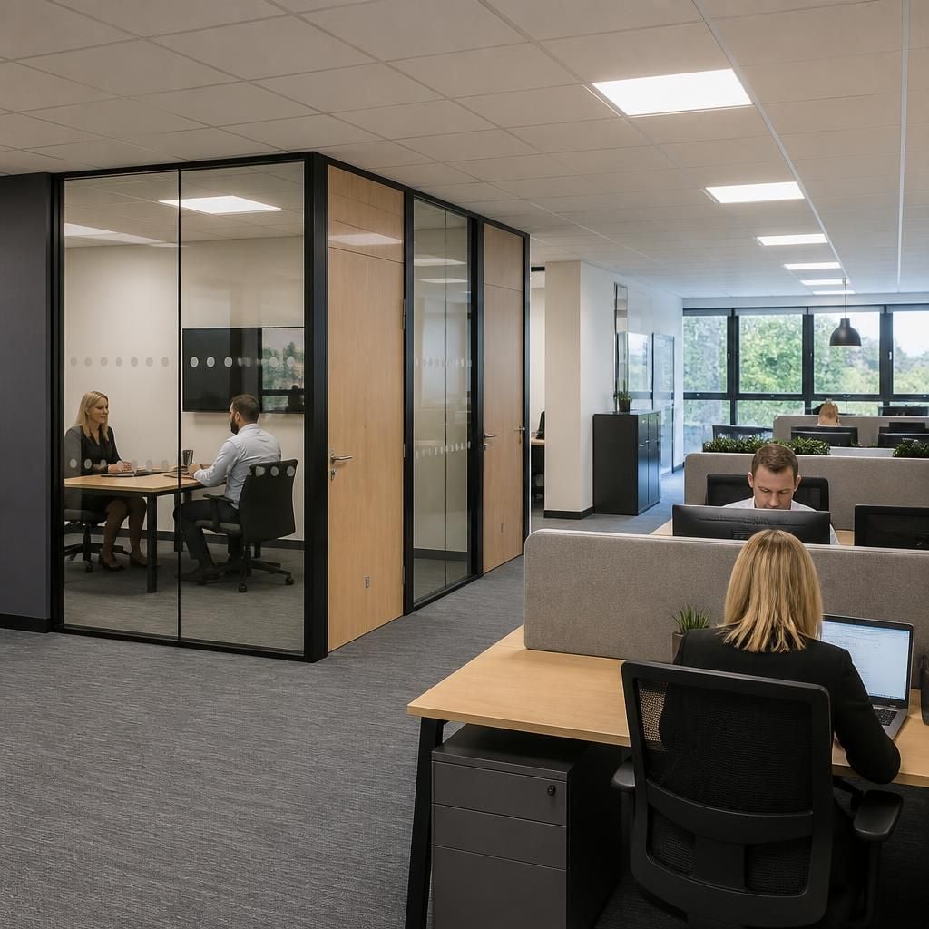 Office workspace with enclosed rooms and low dividers between desks