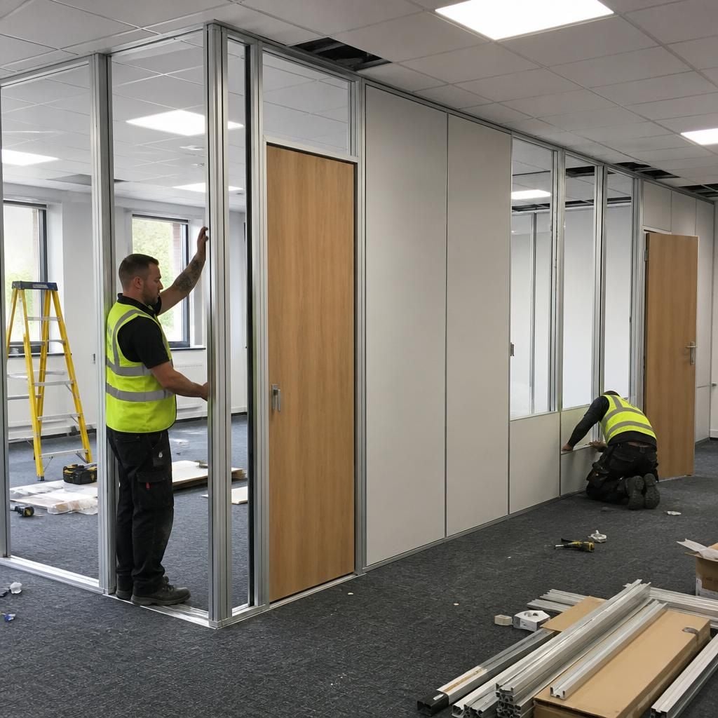 Office partition panels, doors and glazed sections during installation
