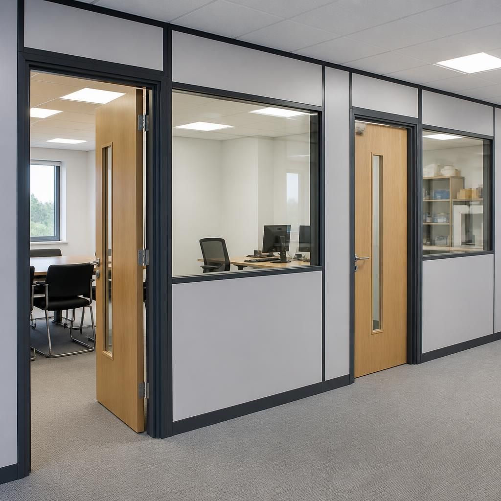 Office partition layout with glazed panels, doors and service openings