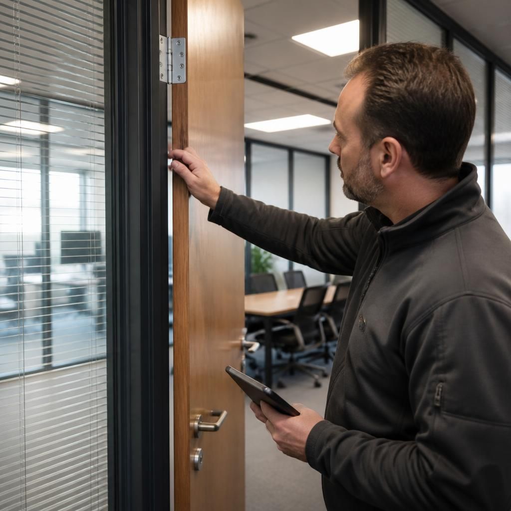 Facilities manager checking an office partition door, hinges and frame