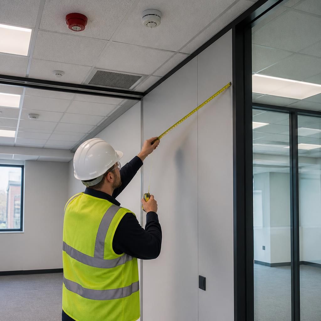 Surveyor measuring an office partition line beside existing ceiling services
