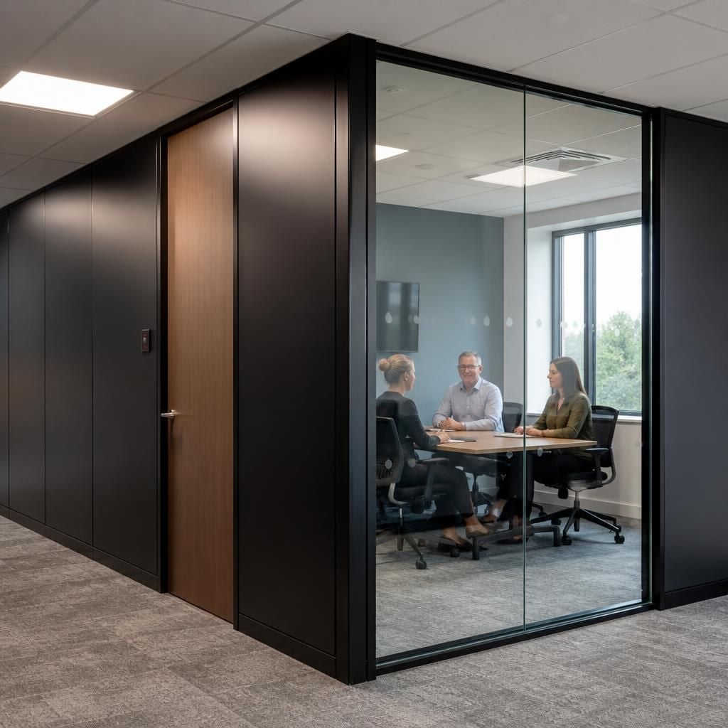 Office meeting room with glazed and solid partition sections