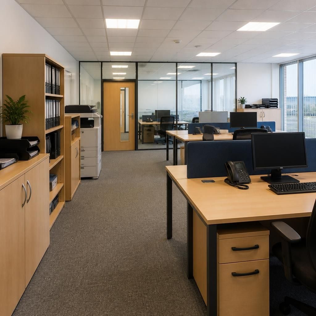 Existing office workspace with desks, storage and internal partitioning