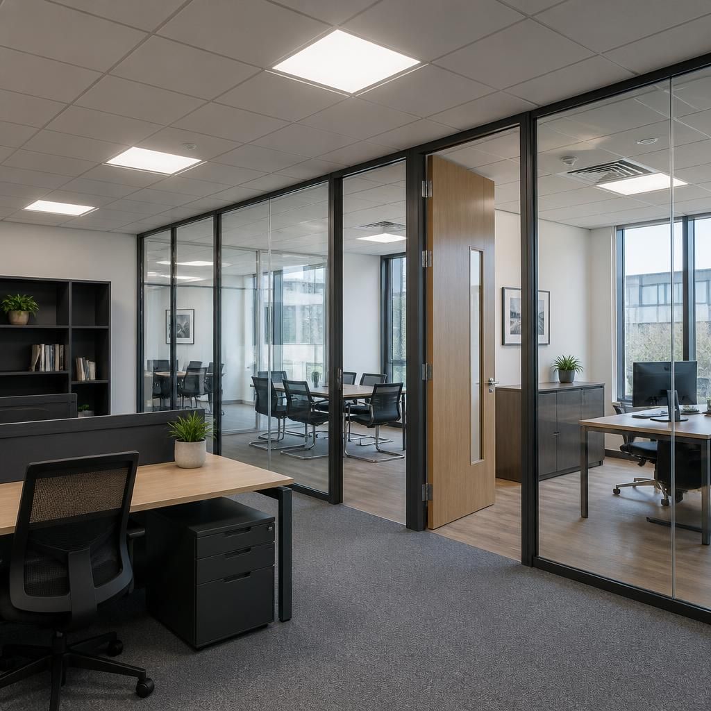 Office workspace with partitioned rooms, desks and fitted work areas
