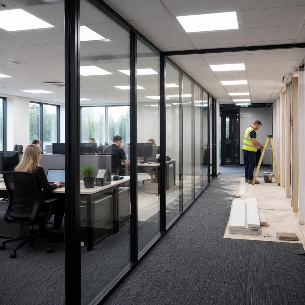 Office partitions dividing an occupied workspace from an installation area