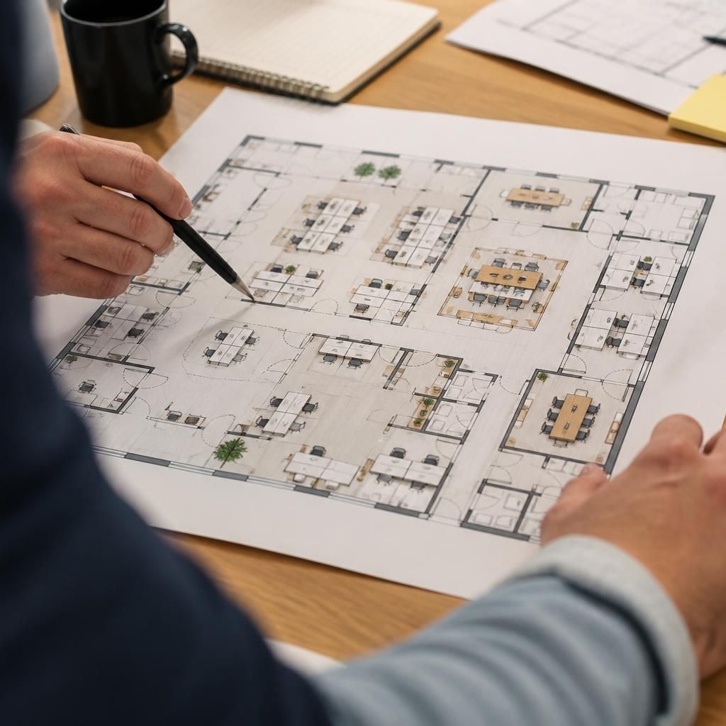 Office floor plan showing desks, meeting rooms and partition lines