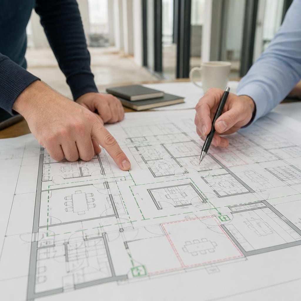 Office refurbishment plans showing partition layouts, doors and escape routes
