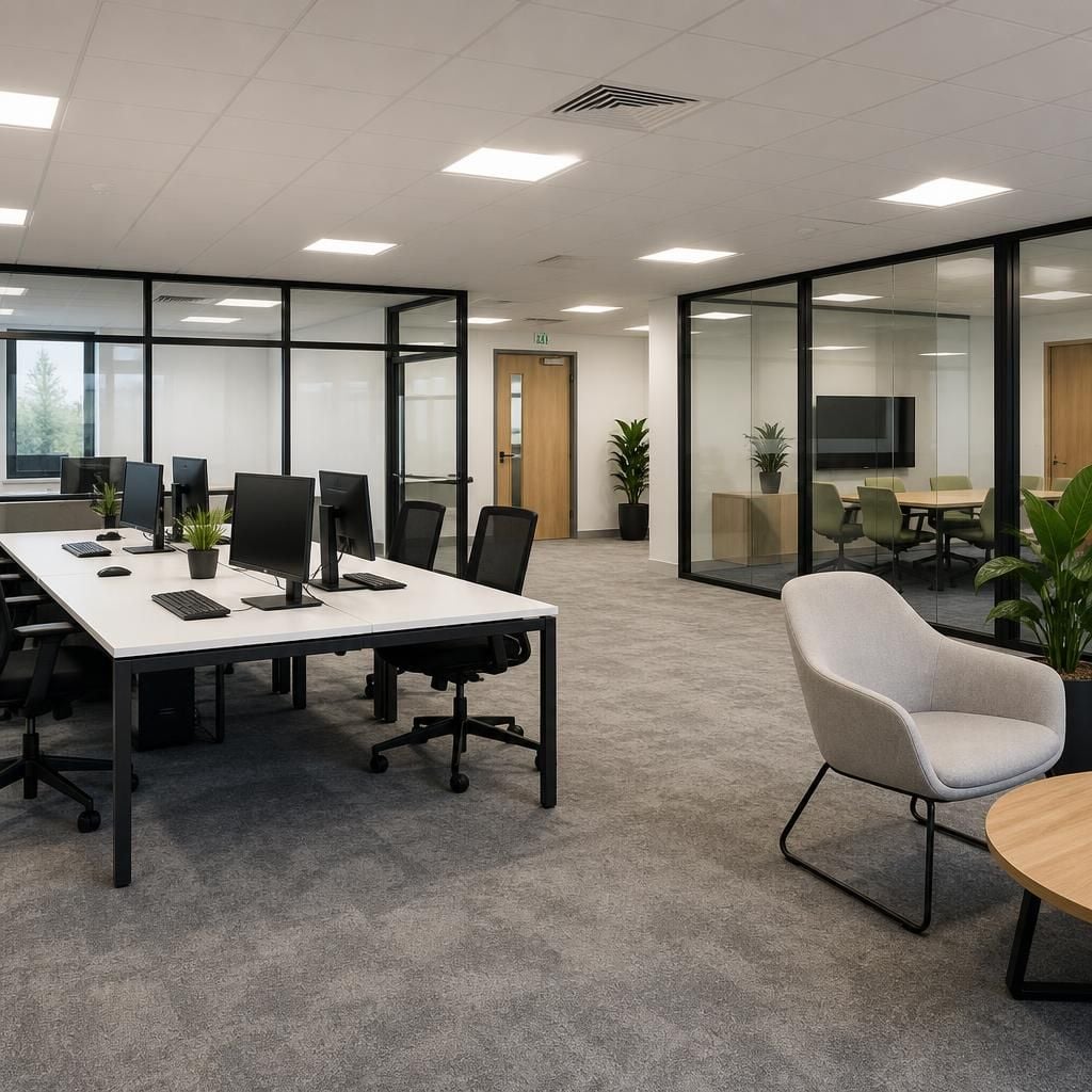Refurbished office interior with desks, meeting space and partitioned rooms