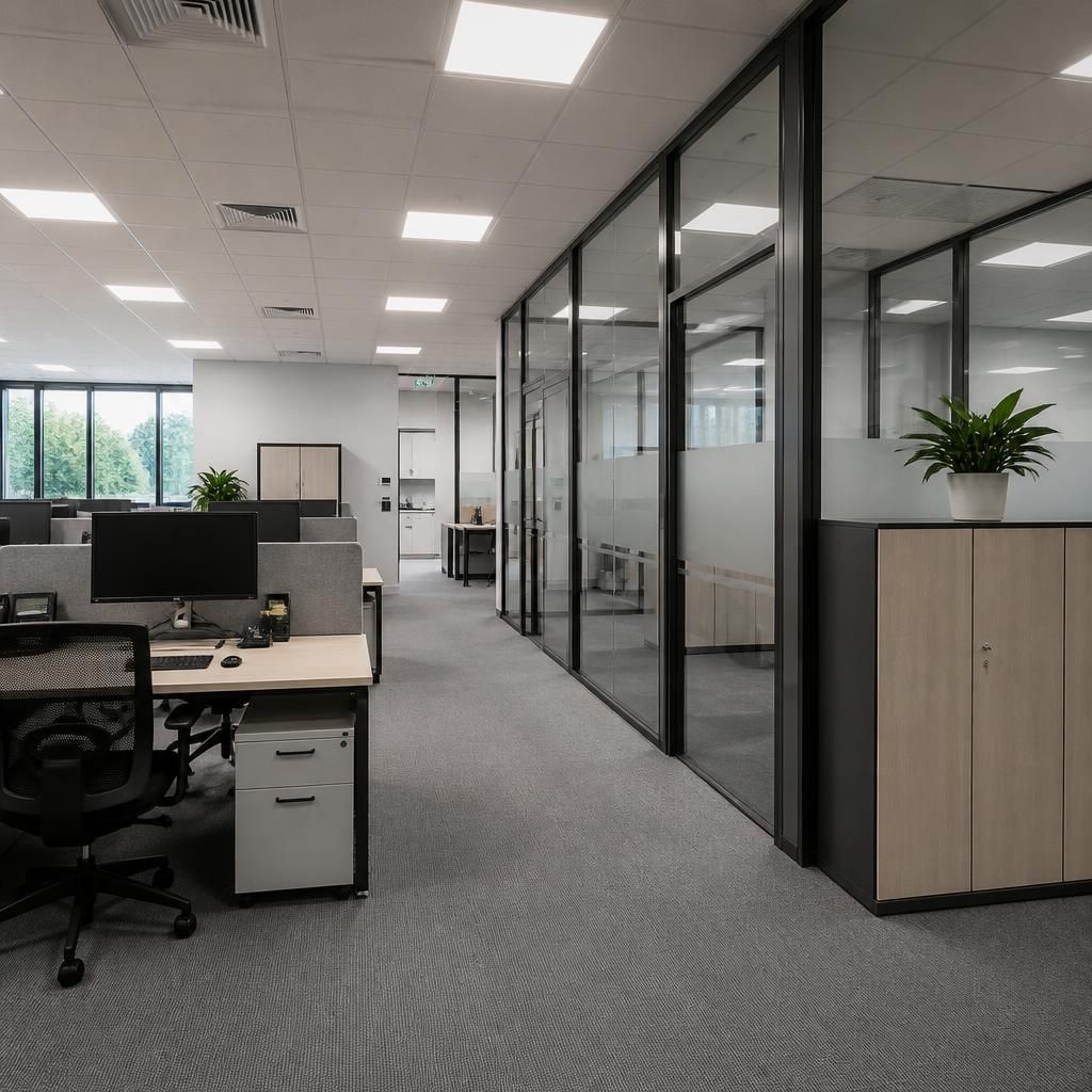 Office interior with partitioned rooms, desks and storage units