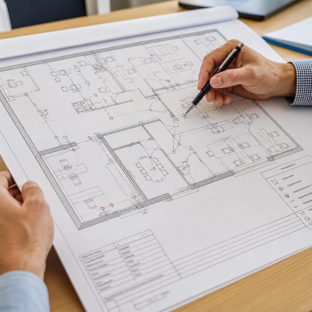 Office fit-out drawing showing partitions, desks and electrical service points