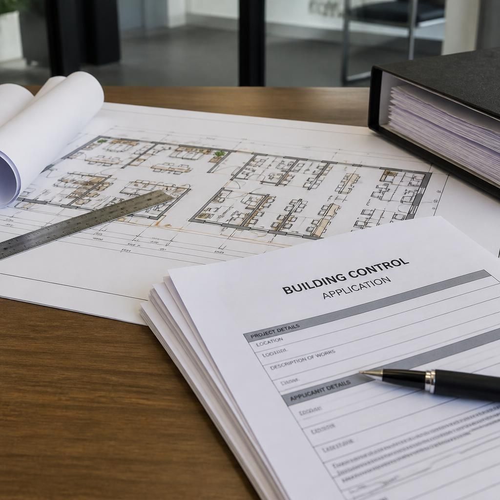 Office layout drawings and building control application documents on a desk