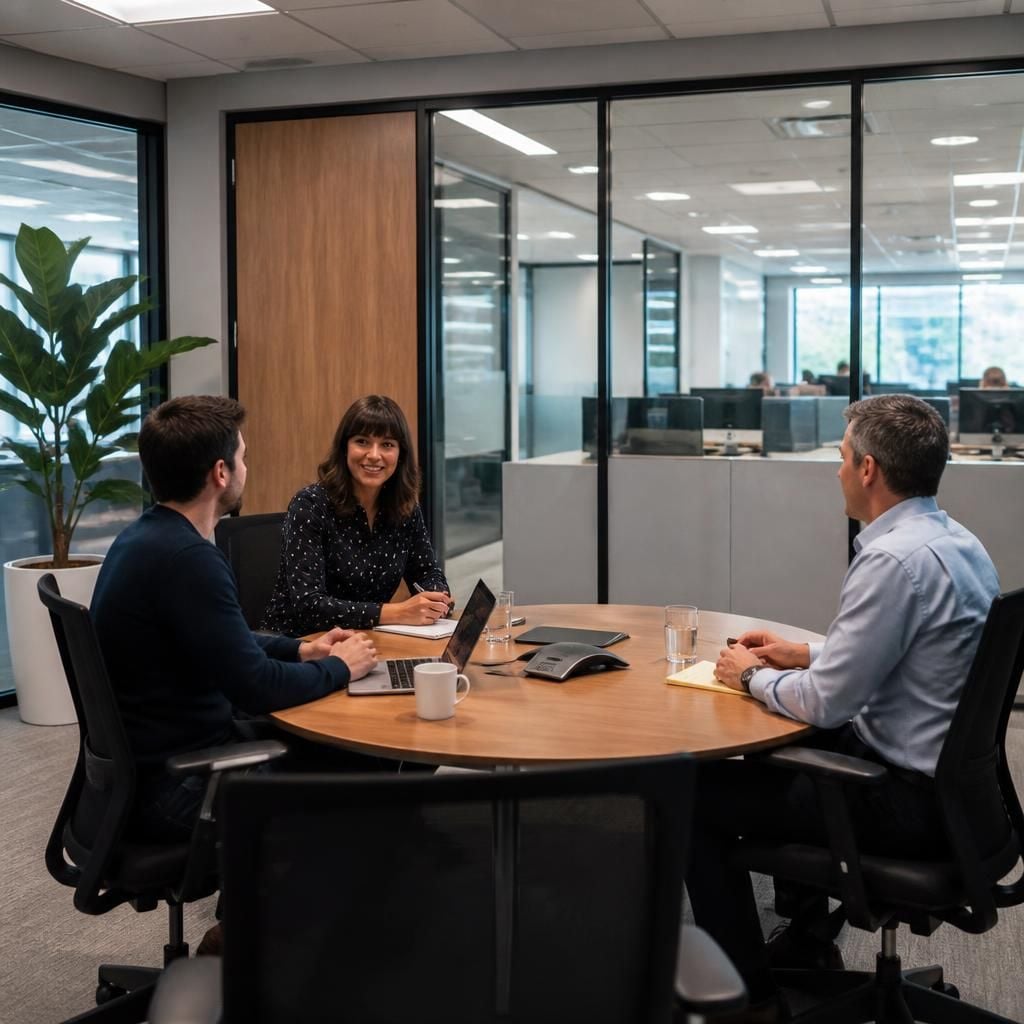 Office meeting room with partitioned workspace and table
