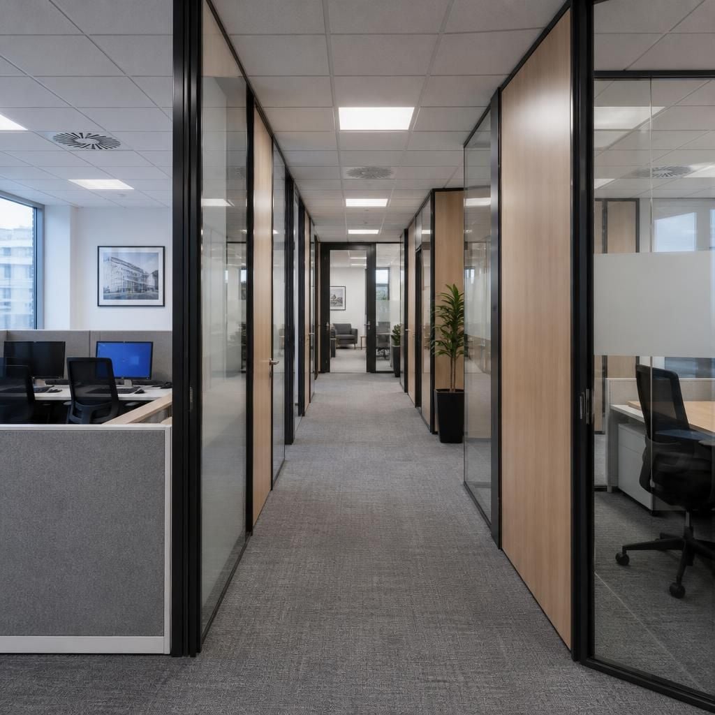 Partitioned office workspaces arranged around a central walkway