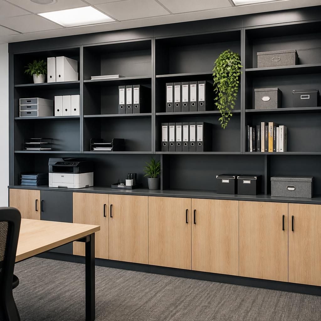 Office storage wall with shelving for documents and equipment