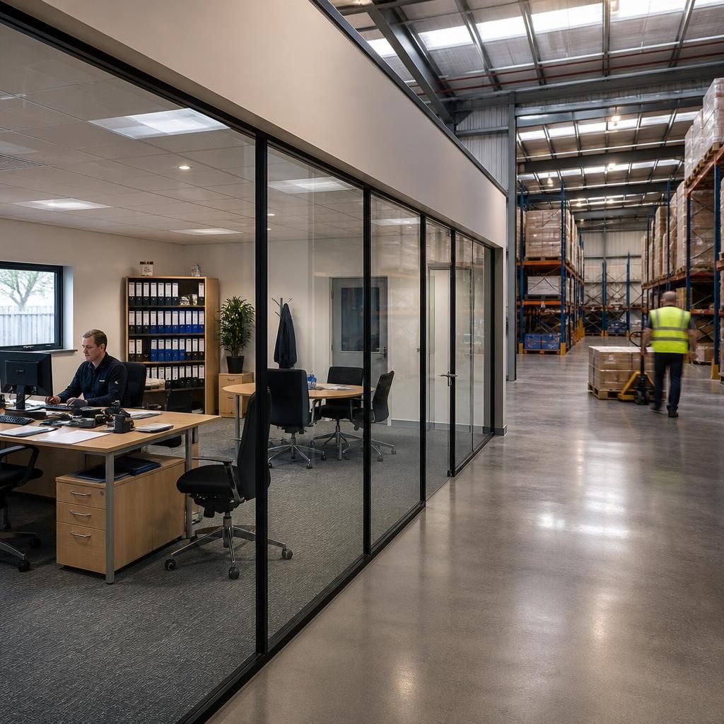 Office workspace arranged inside an industrial or warehouse building