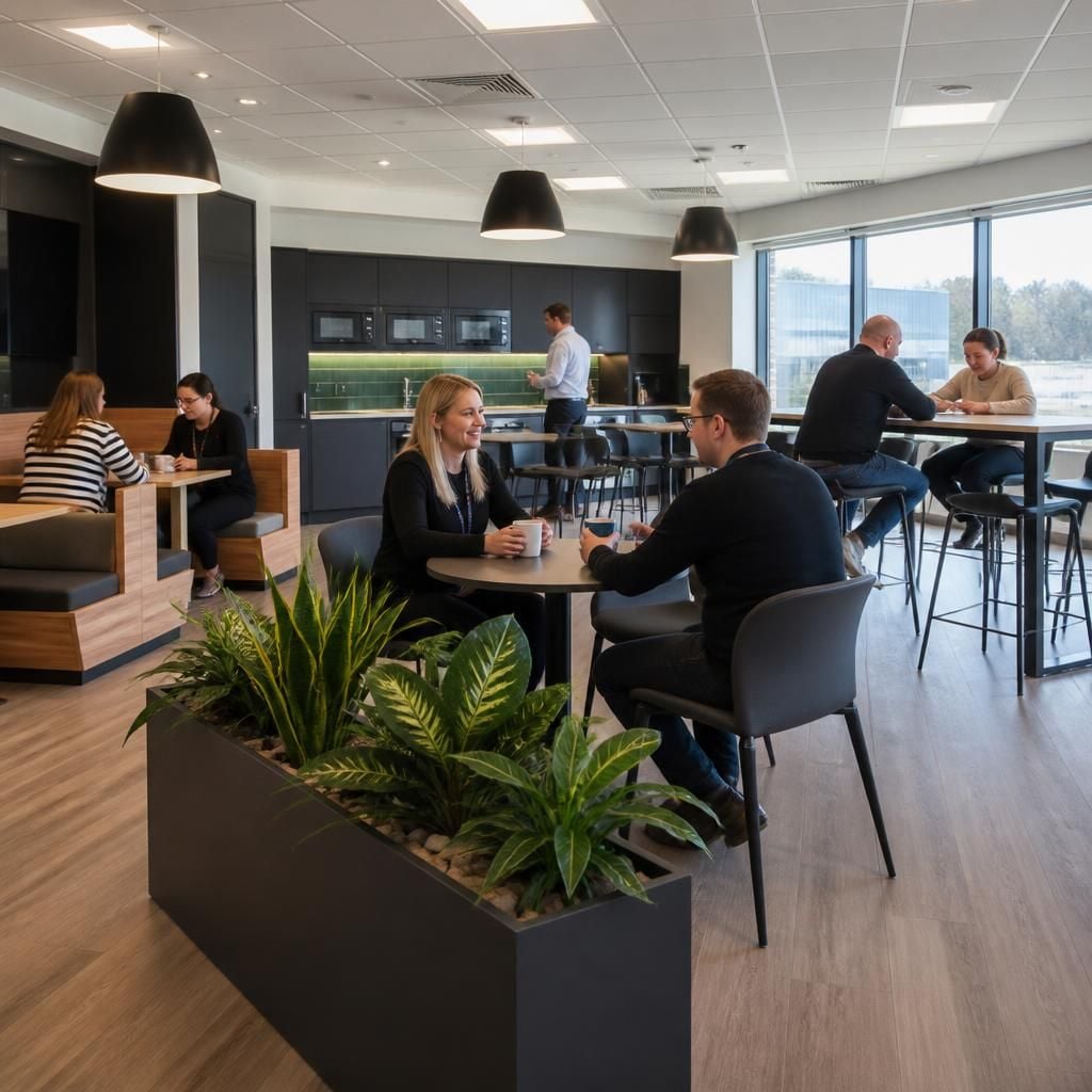 Office breakout and staff facility area with tables and seating