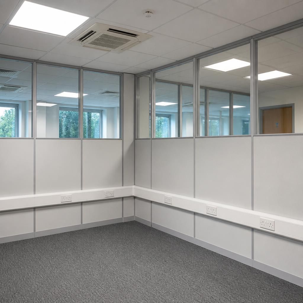 Office partition panels around existing sockets, lighting and ventilation