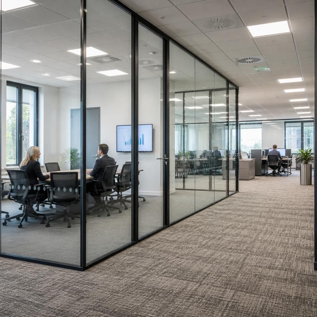 Glazed office partitions forming meeting rooms and enclosed work areas