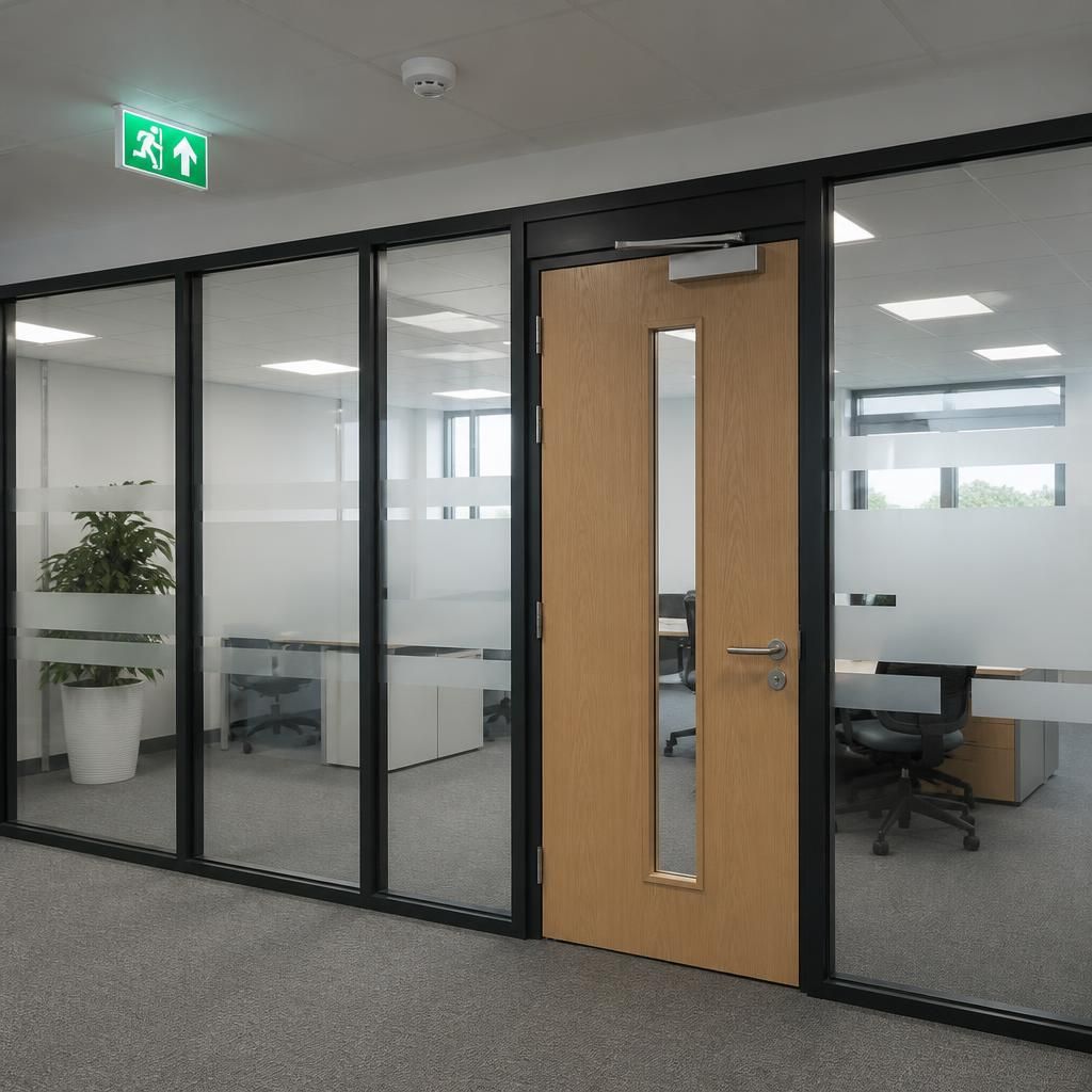 Office partition with a fire door, ceiling detector and emergency lighting
