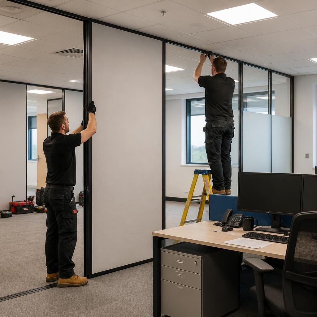 Installers assembling partition panels beside desks in an occupied office