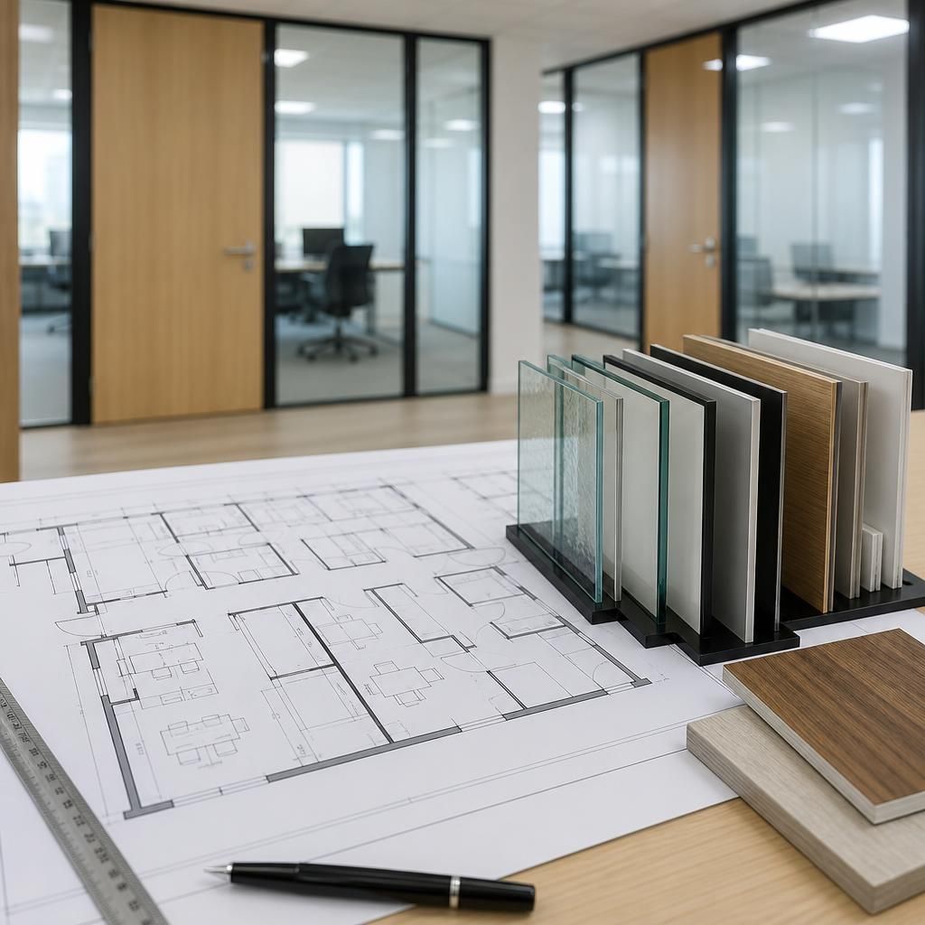 Office partitioning layout drawing beside samples of glazed and solid partitions