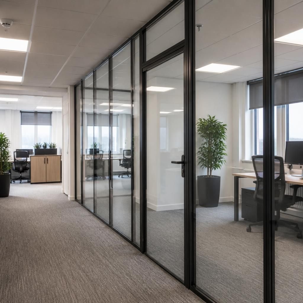 Office partitioning dividing a workplace into separate rooms and work areas
