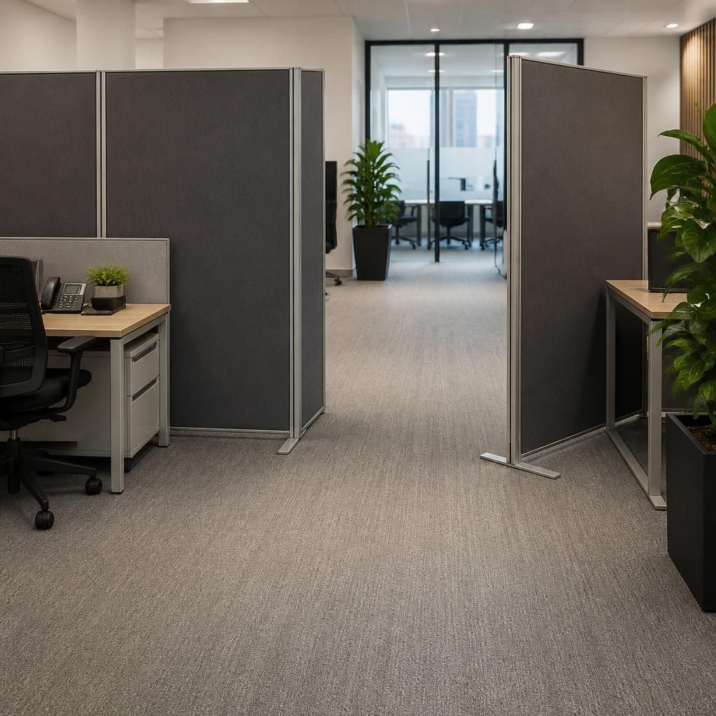 Office divider panels arranged beside desks with an opening between work areas