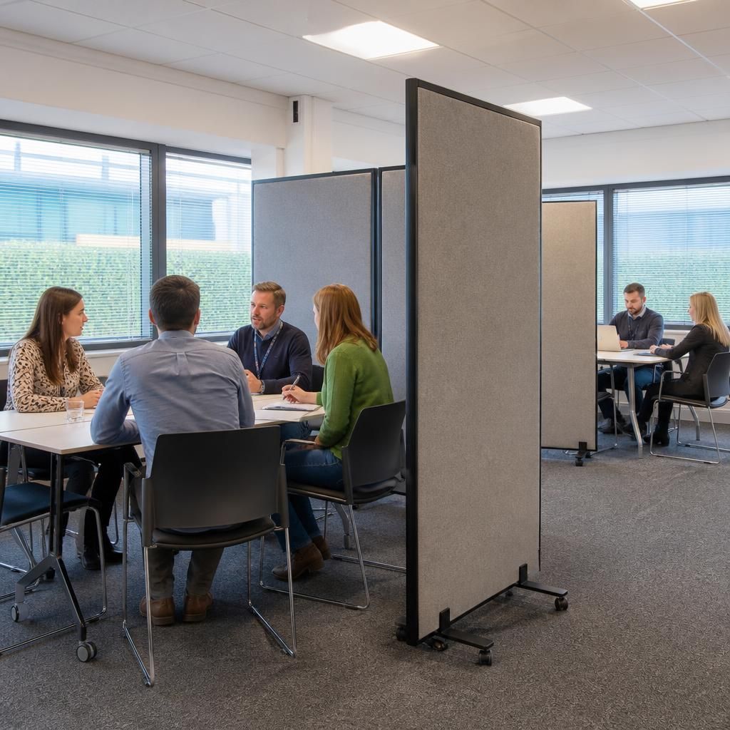 Meeting room with freestanding dividers, tables and chairs arranged in separate discussion areas
