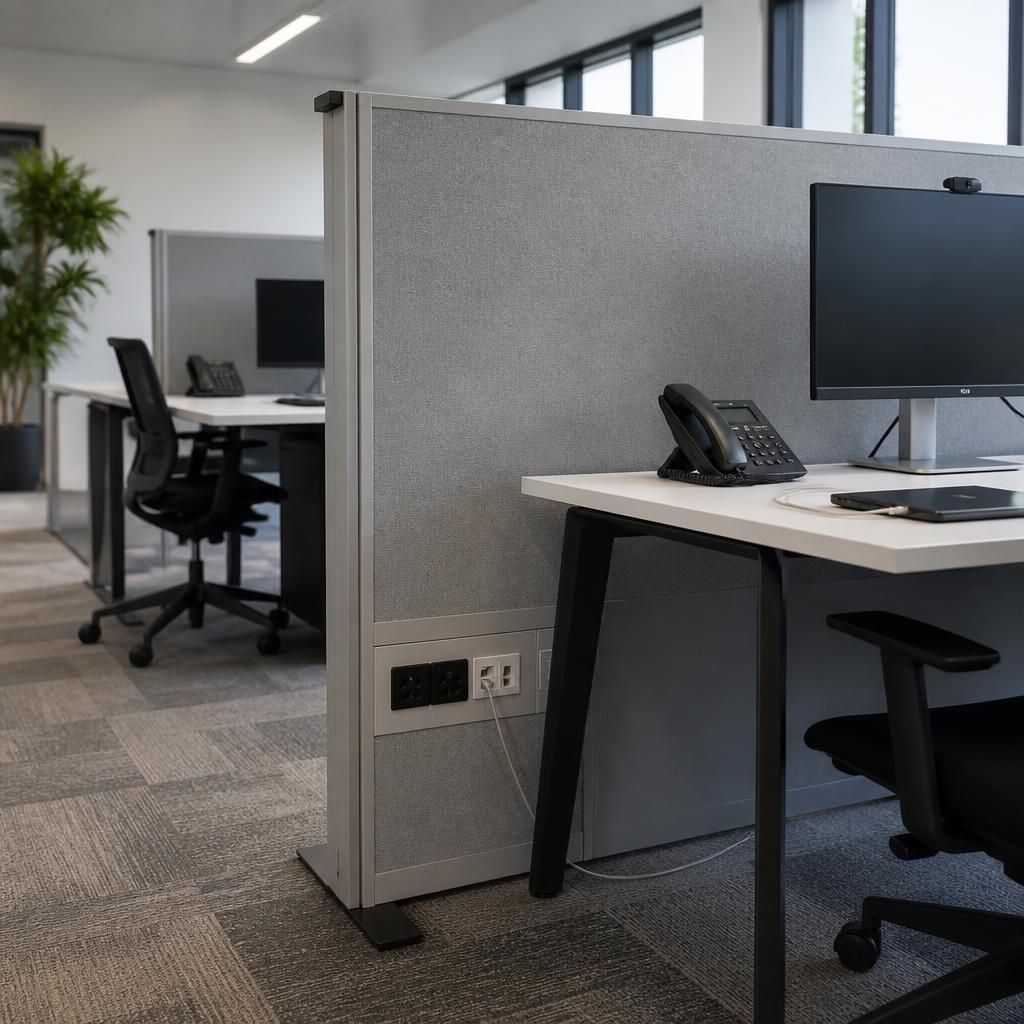 Freestanding office divider with sockets and data outlets beside desks