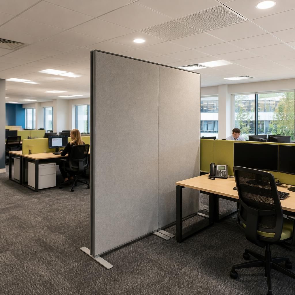 Freestanding office divider separating desks beneath a suspended ceiling