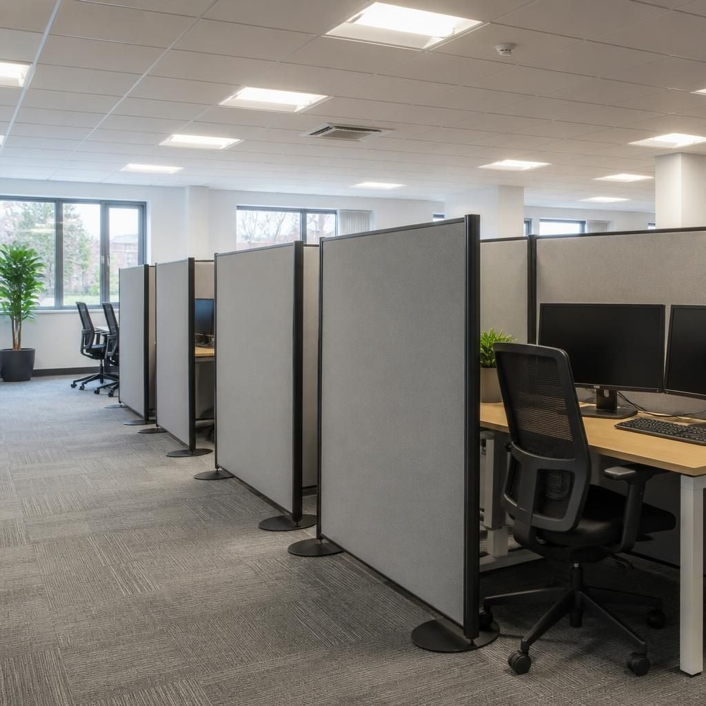 Freestanding office divider panels arranged beside desks in an open-plan office