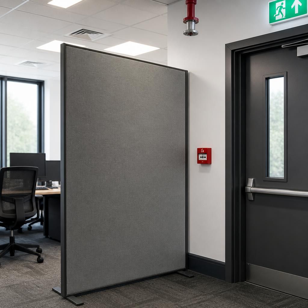 Freestanding office divider beside an emergency exit, fire alarm call point and sprinkler
