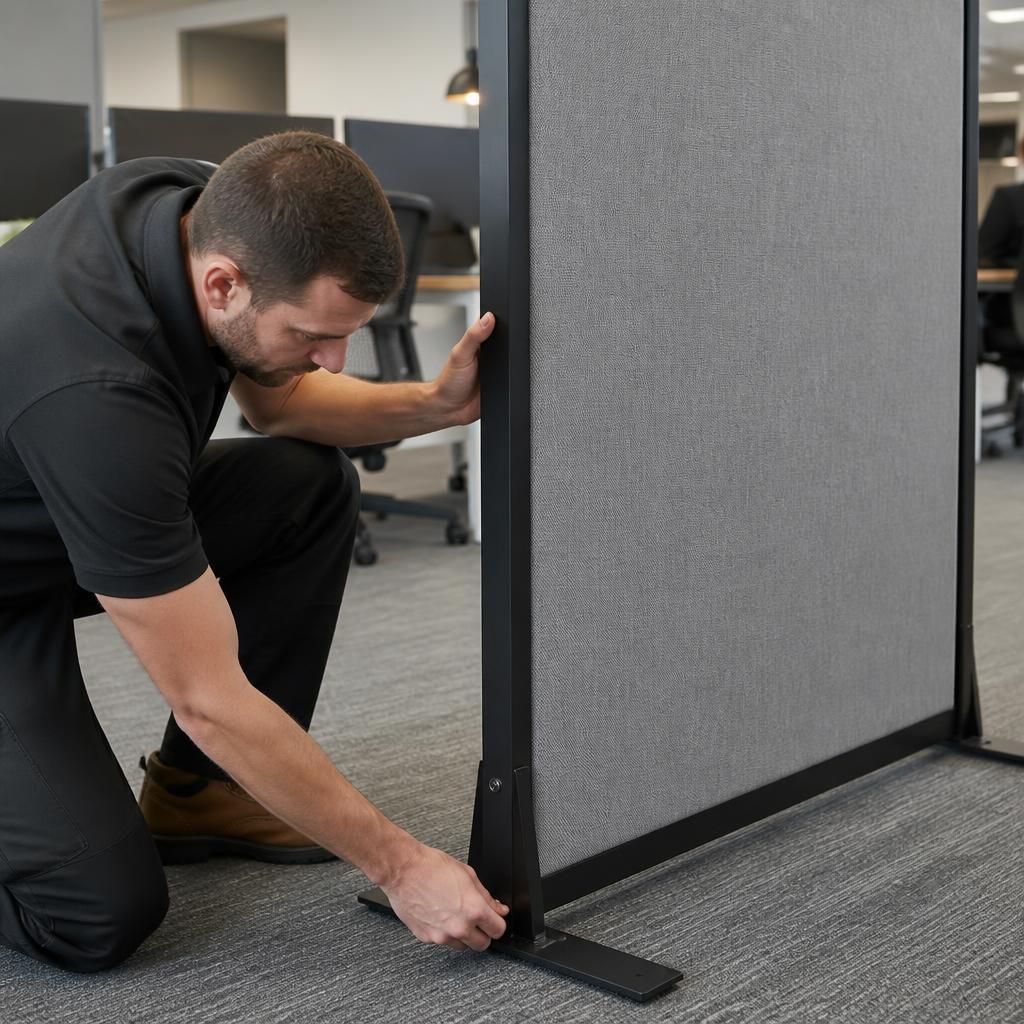 Person checking the fittings and base of a freestanding office divider