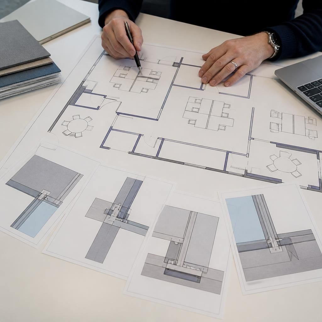 Office divider layout drawing showing panels, doors and furniture positions