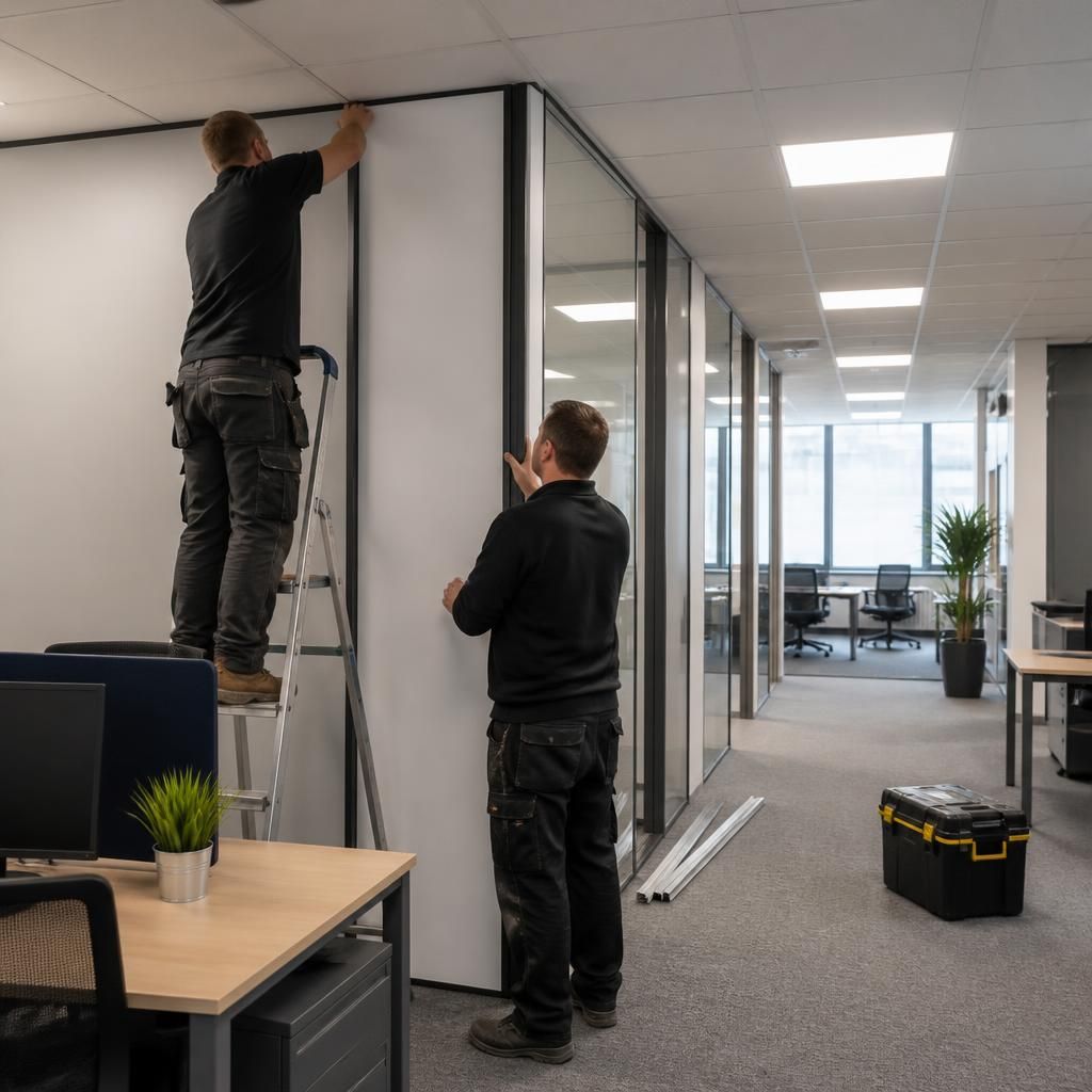 Installers fitting office partition panels beside desks and an open corridor