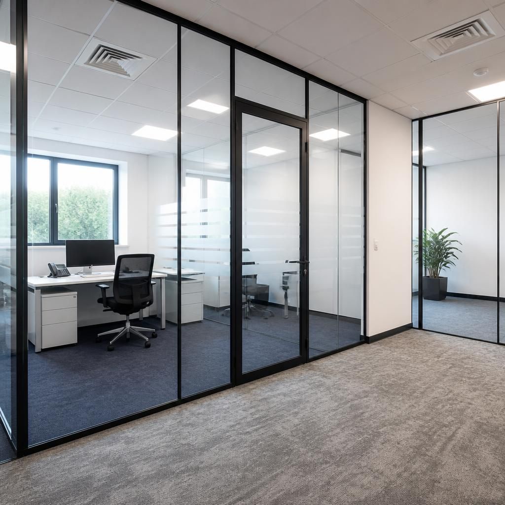 Office with demountable glass partition panels and framed doors