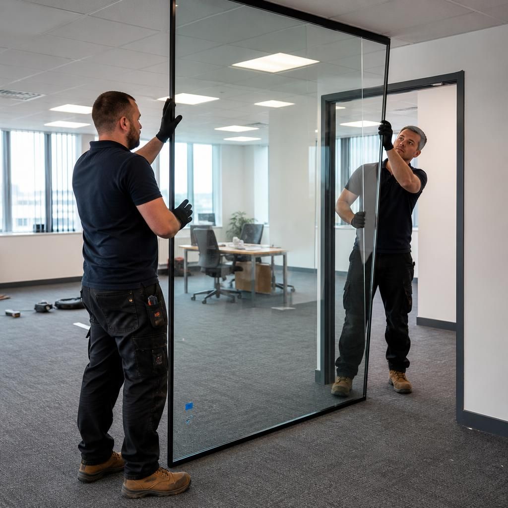 Installers positioning a glass partition panel within an office doorway