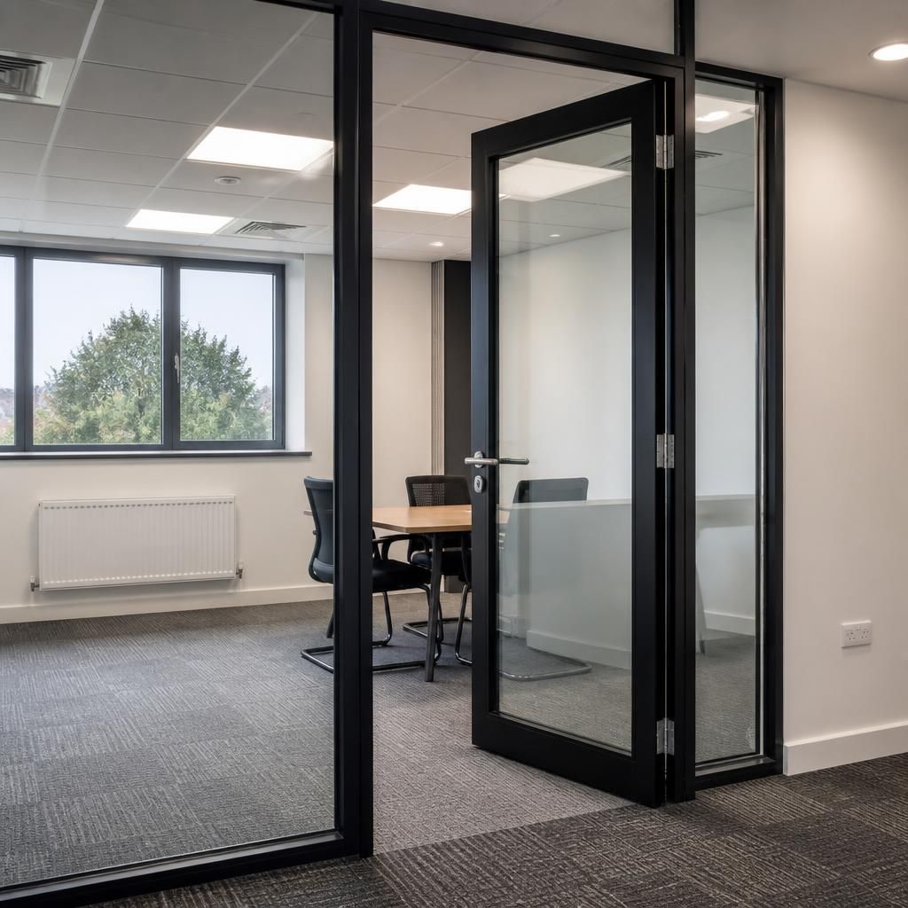 Glass office partition with a framed hinged door opening into a meeting room