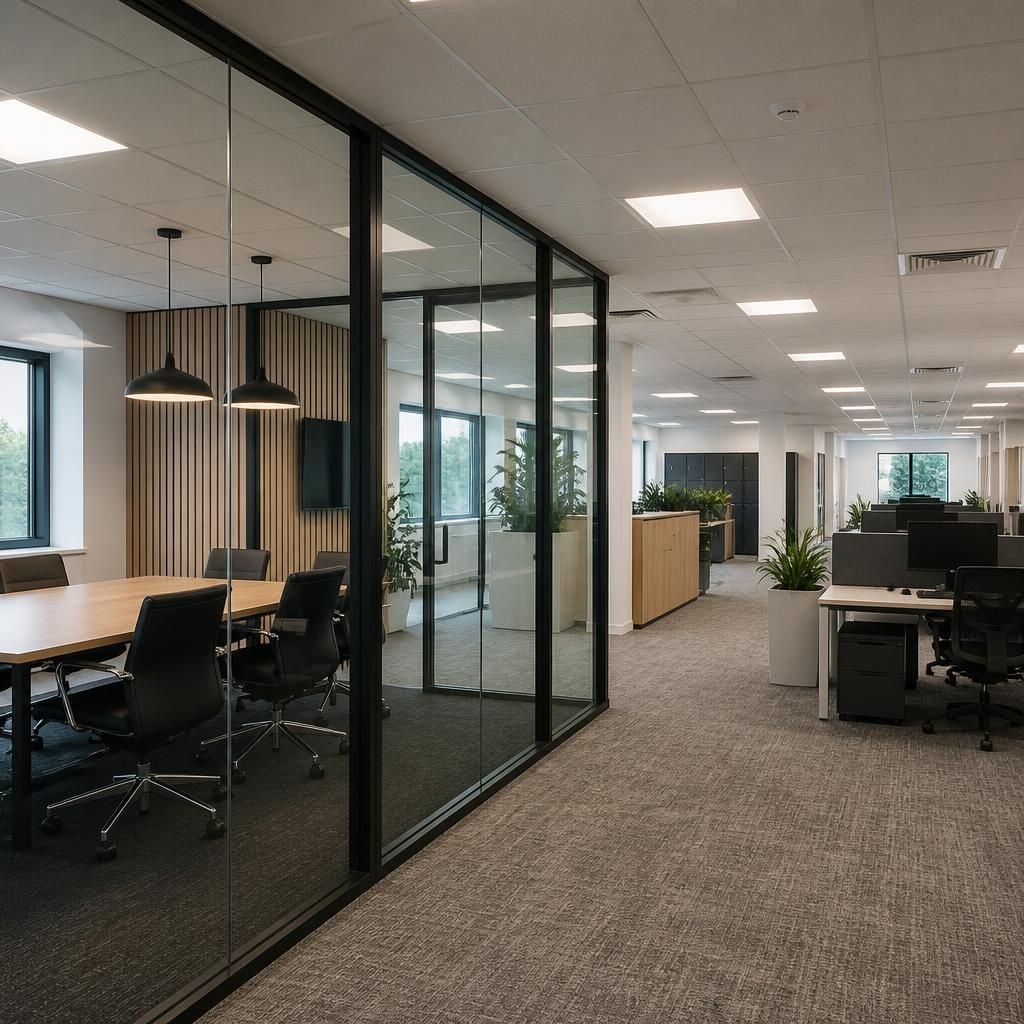Glass office partition beside a meeting room and open-plan desks
