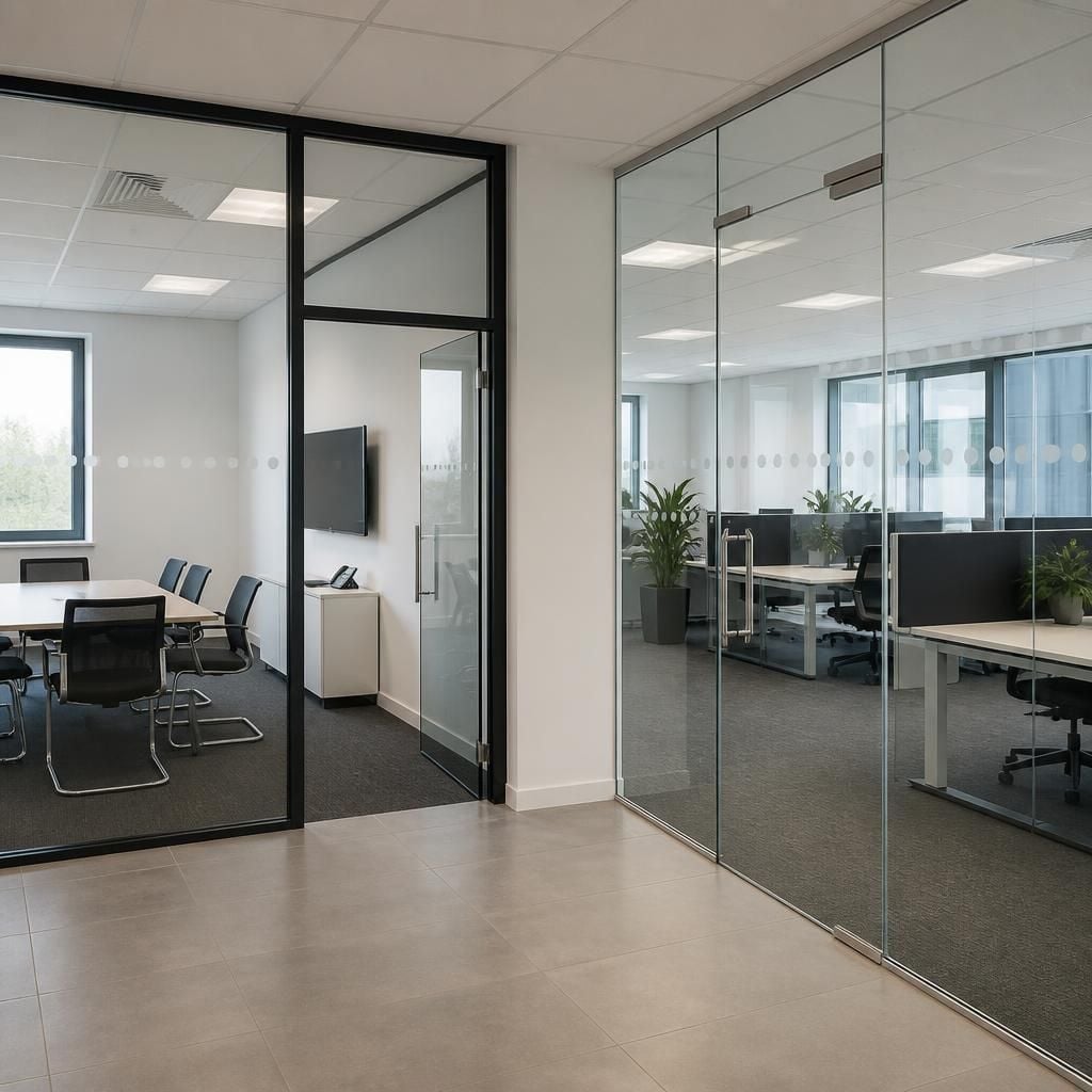 Office meeting rooms separated by framed and frameless glass partitions