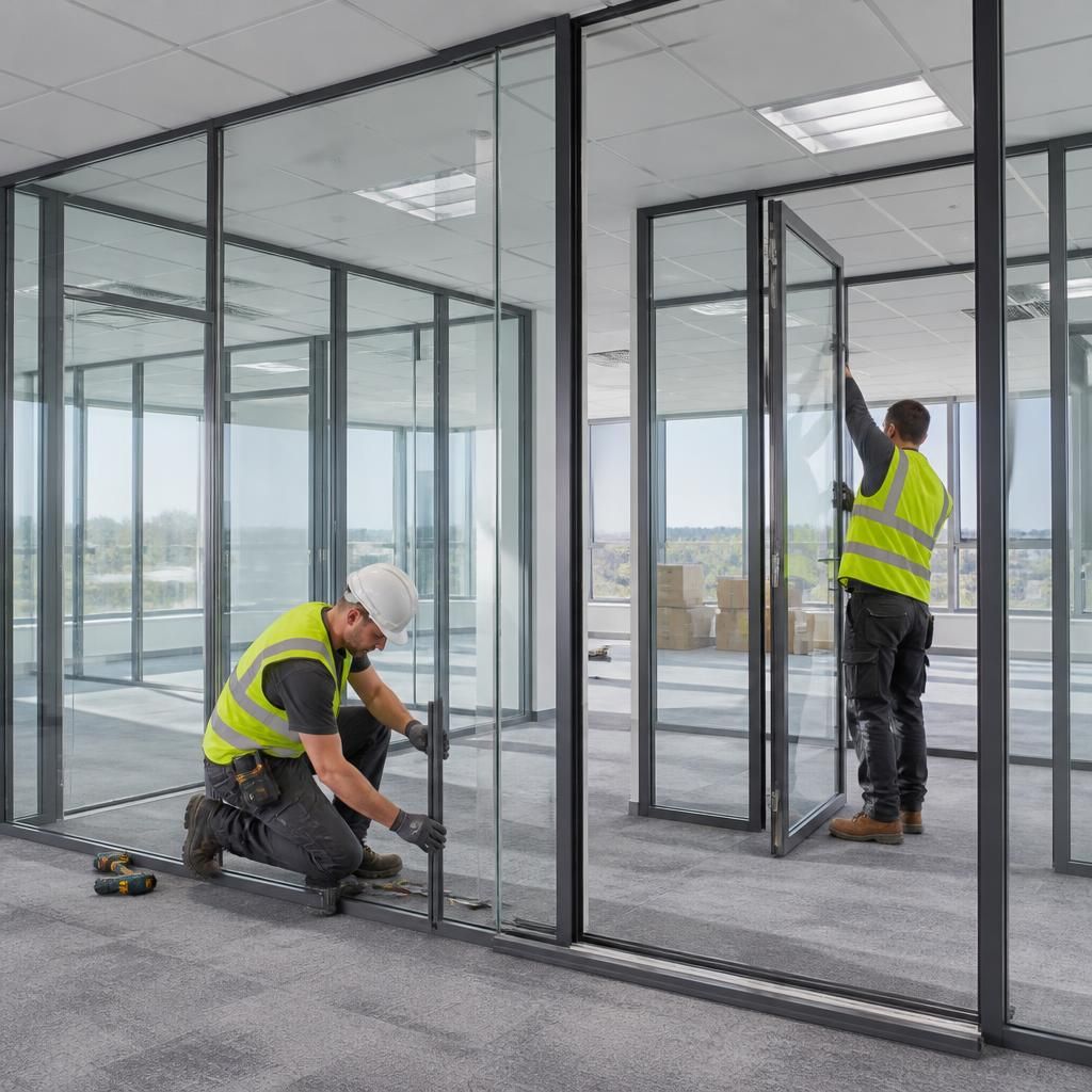 Glass partition panels, framed sections and office doors during installation