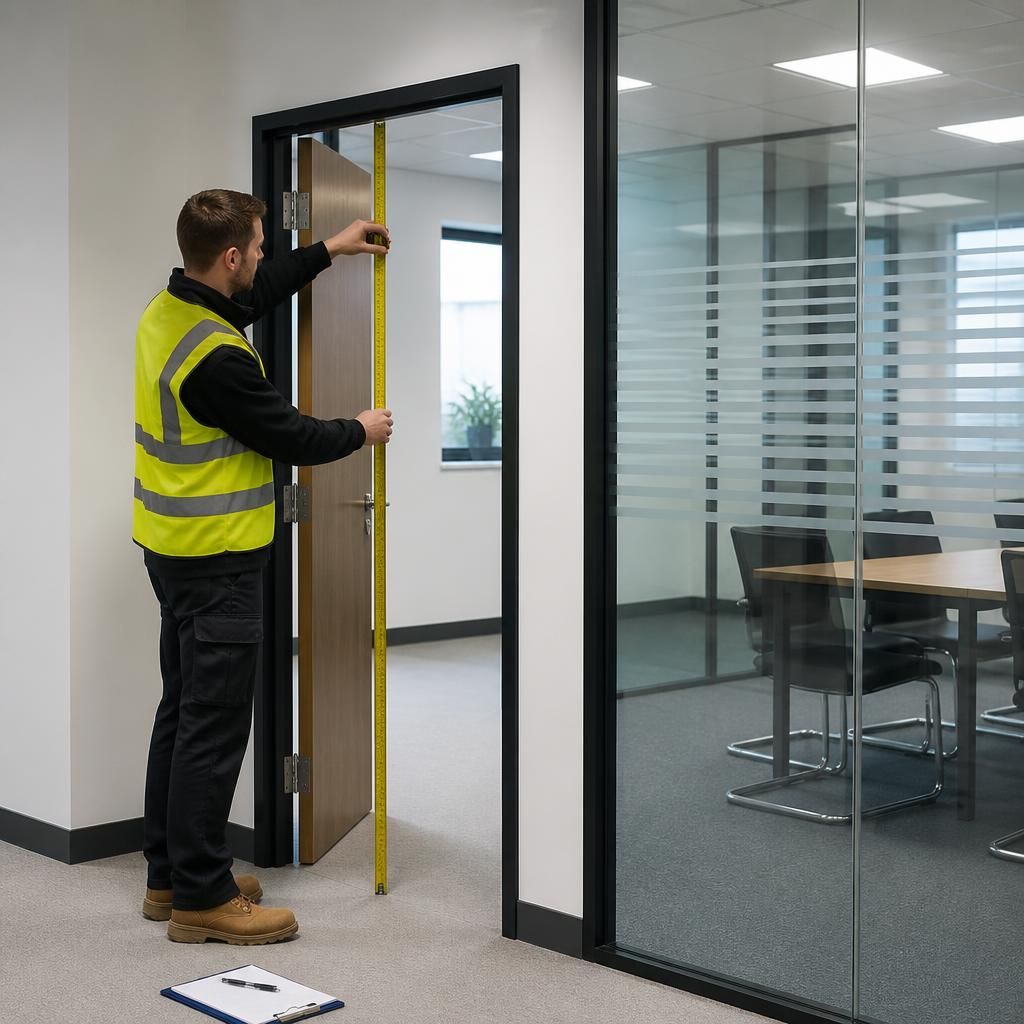 Surveyor measuring an office doorway beside a glass partition