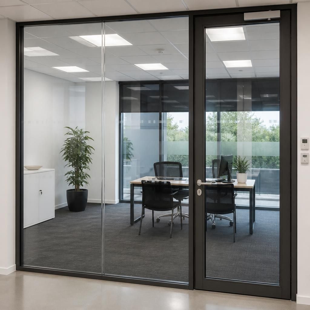 Fire-rated glass partition with a matching door and sealed frame