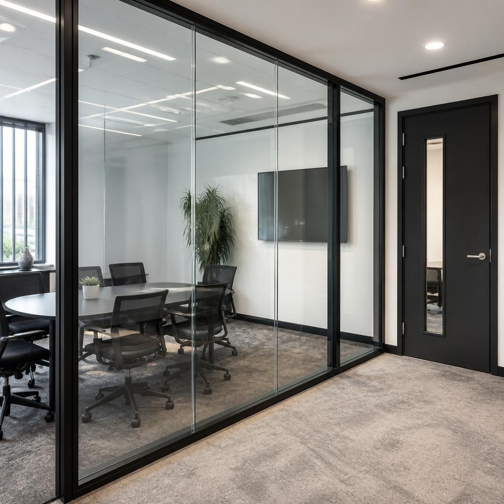 Framed glass office partition beside a meeting room door