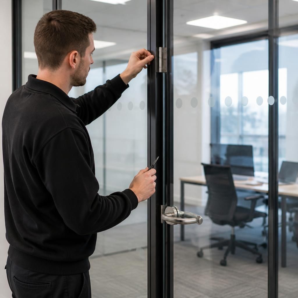 Person checking hinges and handles on a glass office partition door
