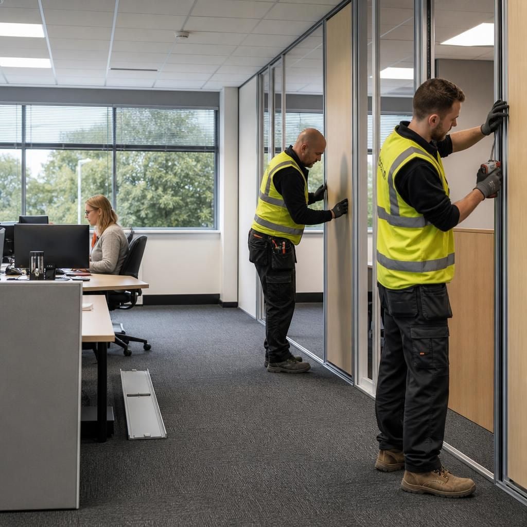 Installers fitting office partition panels beside occupied desks